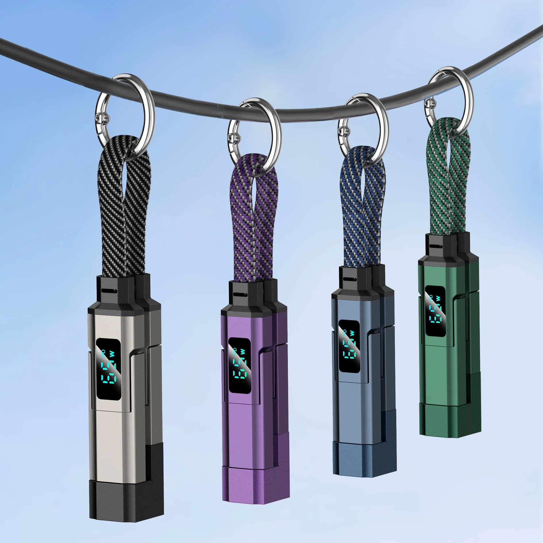 4 in 1 Keychain Charging Cable LED Digital Display Keychain Charger 65W Fast Charging Cable Keychain Nylon Braided for Travel