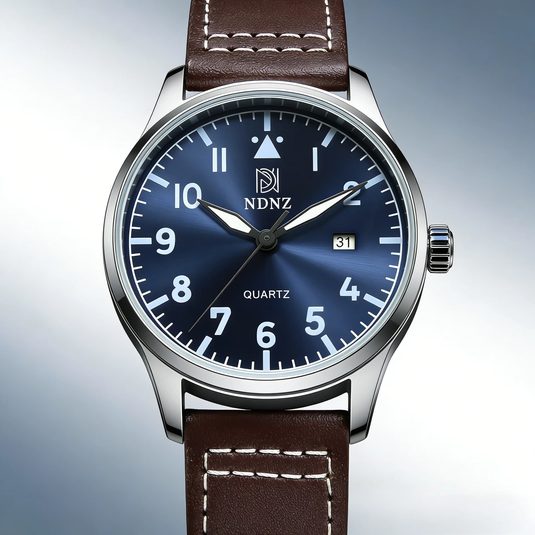 Men's watch NDNZ, latest model, quartz, pilot style, retro, casual, from work, with brown leather strap