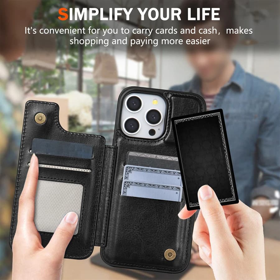 Wallet Double Button Side Sticker With Card Slot RFID Blocking Magnetic Flip Leather Case For iPhone 18 Pro Max 17e 18 Pro Cover