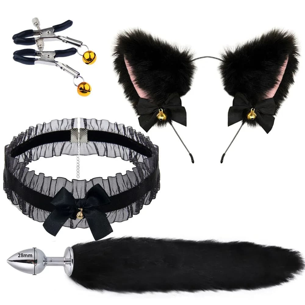 5Pcs Cute Fox Tail Anal Plug Bow-Knot Soft Cat Ears Headbands Collar Erotic Cosplay Couples Sex Toys Paw Gloves Bell Kawaii