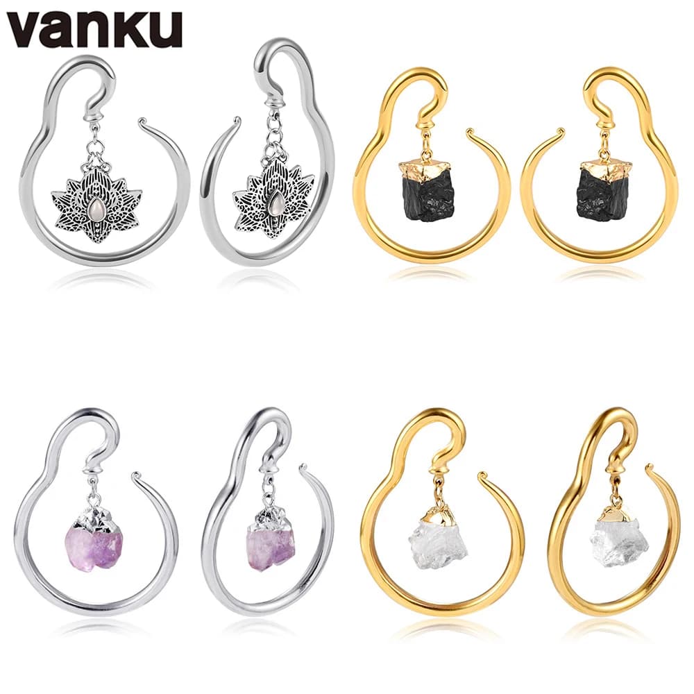 Vanku 2 Pieces Natural Stone Ear Weights Stainless Steel Charming Earrings Hoop Earplugs Calibers Stretcher Pencils