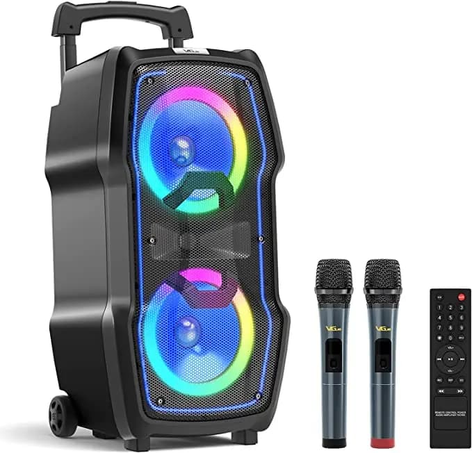 VG-0808 Macchina per karaoke VeGue, sistema PA wireless B T per adulti e bambini con doppi subwoofer da 8'', 2 microfoni wireless UHF