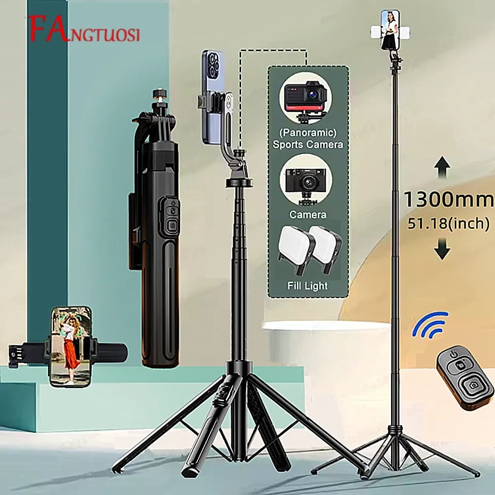 FANGTUOSI 360 ° Supporto per selfie stick con rotazione per iPhone Samsung Huawei Treppiede per telefono allungabile da 1,3 m con telecomando Bluetooth wireless