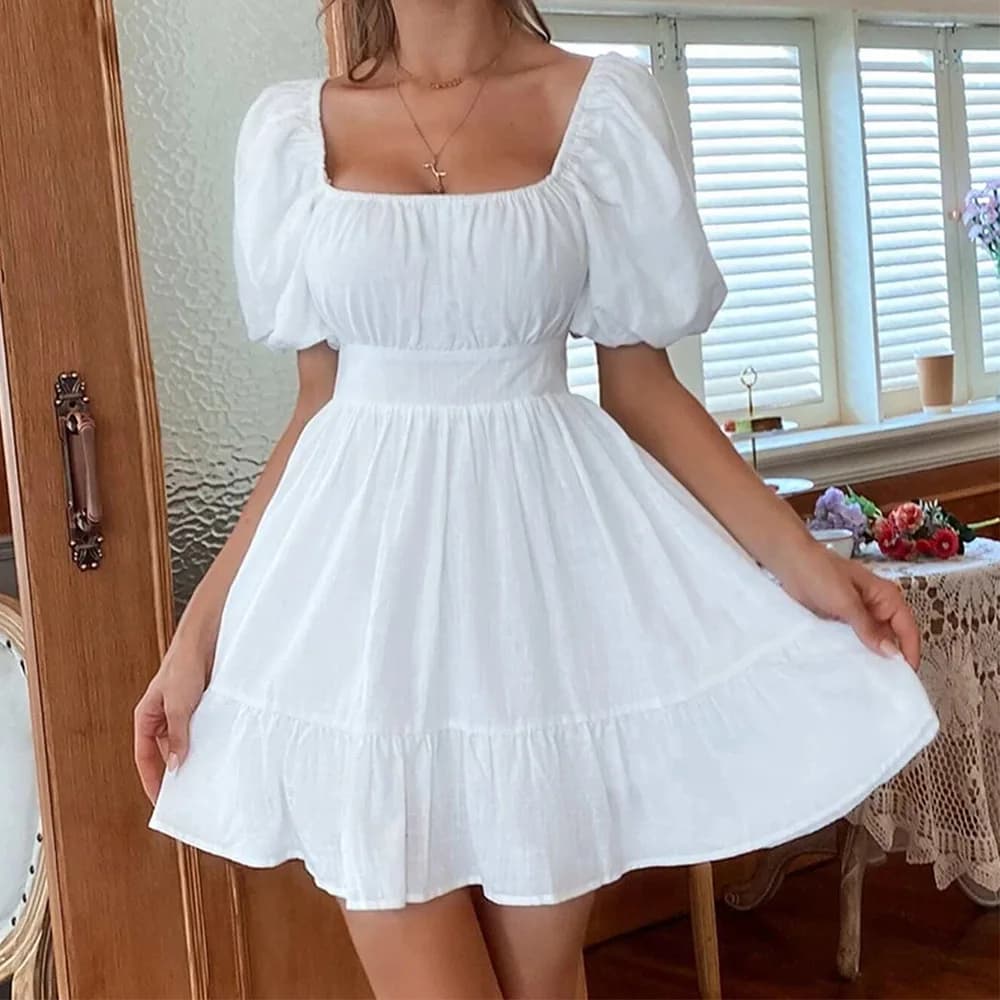Women's 2023 Bow Sweet Temperament Commuter Backless Dress High Waist Short Sleeve Mid-Length Cake Skirt Pure Color