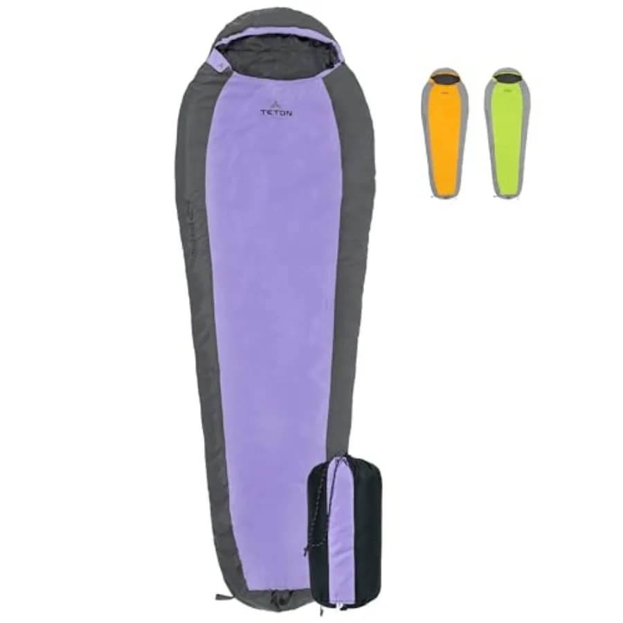 Camping and backpacking sleeping bag for adults and kids; 20F and 5F rated; lightweight mummy design; nylon shell; black; warmt