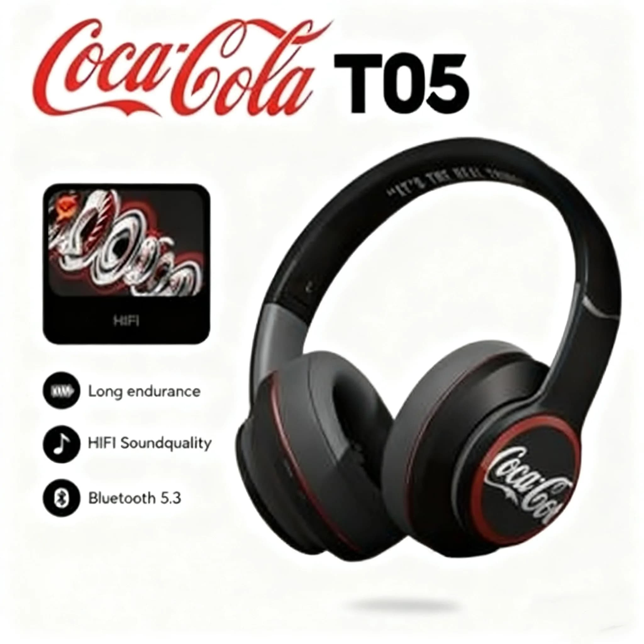Cuffie Bluetooth co-branded Coca-Cola T05, cancellazione attiva profonda del rumore da 46 dB, Bluetooth 5.3 e batteria a lunga durata