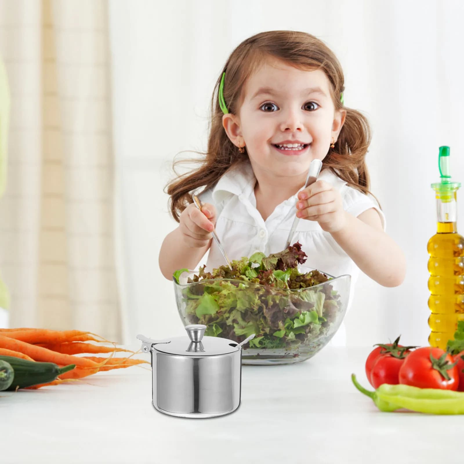 1Set Stainless Steel Seasoning Box Set with Spoon Salt Sugar Spice Container Condiment Jar for Kitchen Countertop Storage