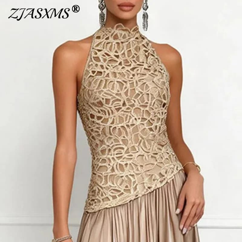 Spring O Neck Crochet Hollow Party Gowns Woman Elegant Lace Patchwork Satin Pleated Long Dress Summer Sleeveless Boho Maxi Dress