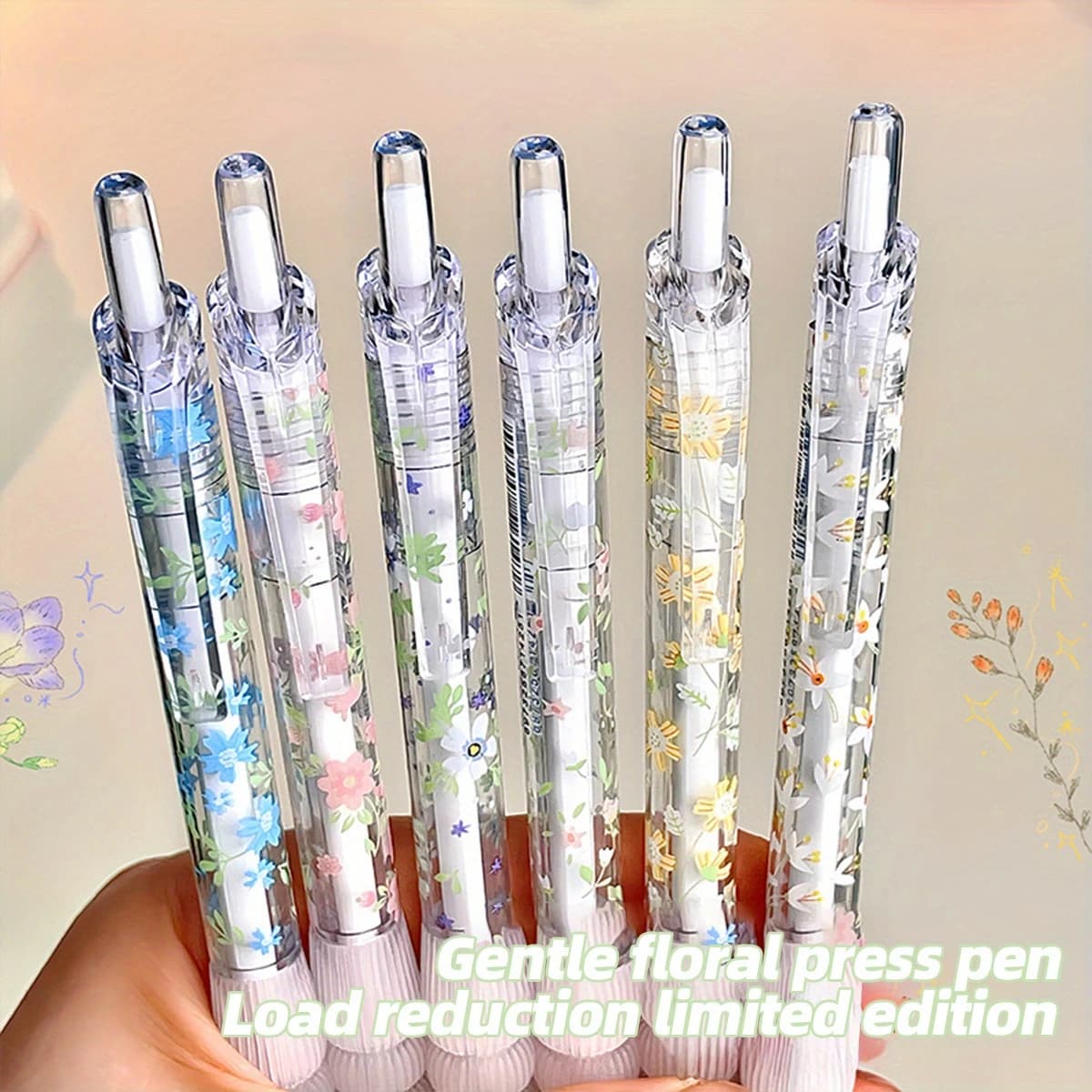 Set di 6 penne gel retrattili, inchiostro ad asciugatura rapida con punta media da 0,5 mm, design floreale elegante, penne per scrittura fluida per diari e appunti