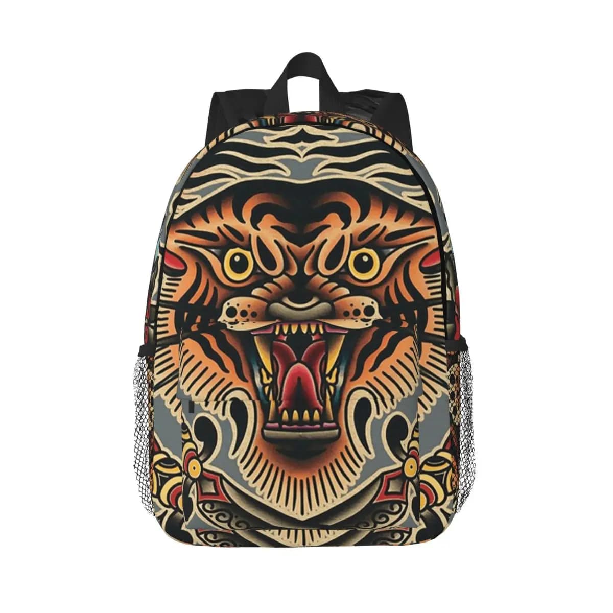 Traditional Tattoo Cartoon Tiger Backpack Daypack Large Capacity Boys Girls BookBag Shoulder Bags for Unisex Children School Bag