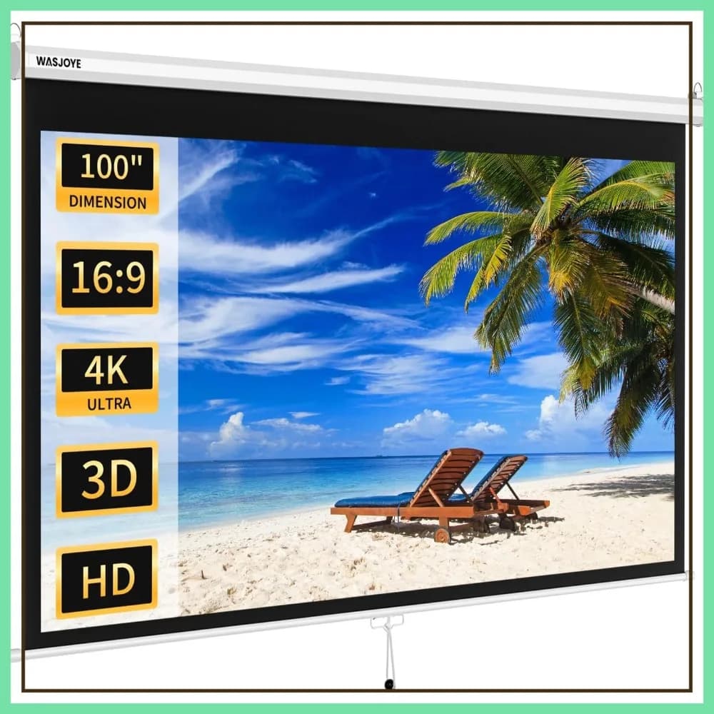 Schermo per Proiettore Manuale da 100 Pollici, 4K HD Retrattile 16:9 Anti-Piega per Home Theater e Ufficio