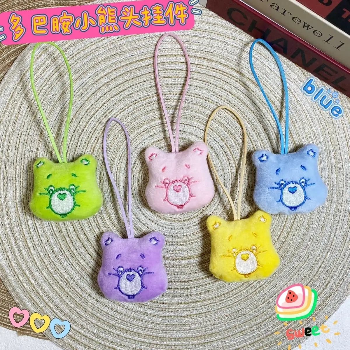 5 Pezzi Ciondoli Peluche Carini Care Bears con Cordino, Decorazione per Zaino a Cuore per Ragazze
