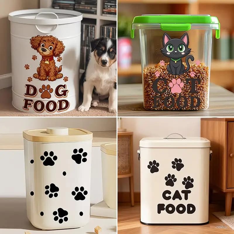 Adesivi decorativi autoadesivi rimovibili per contenitori di cibo per cani e gatti, ideali per la conservazione domestica