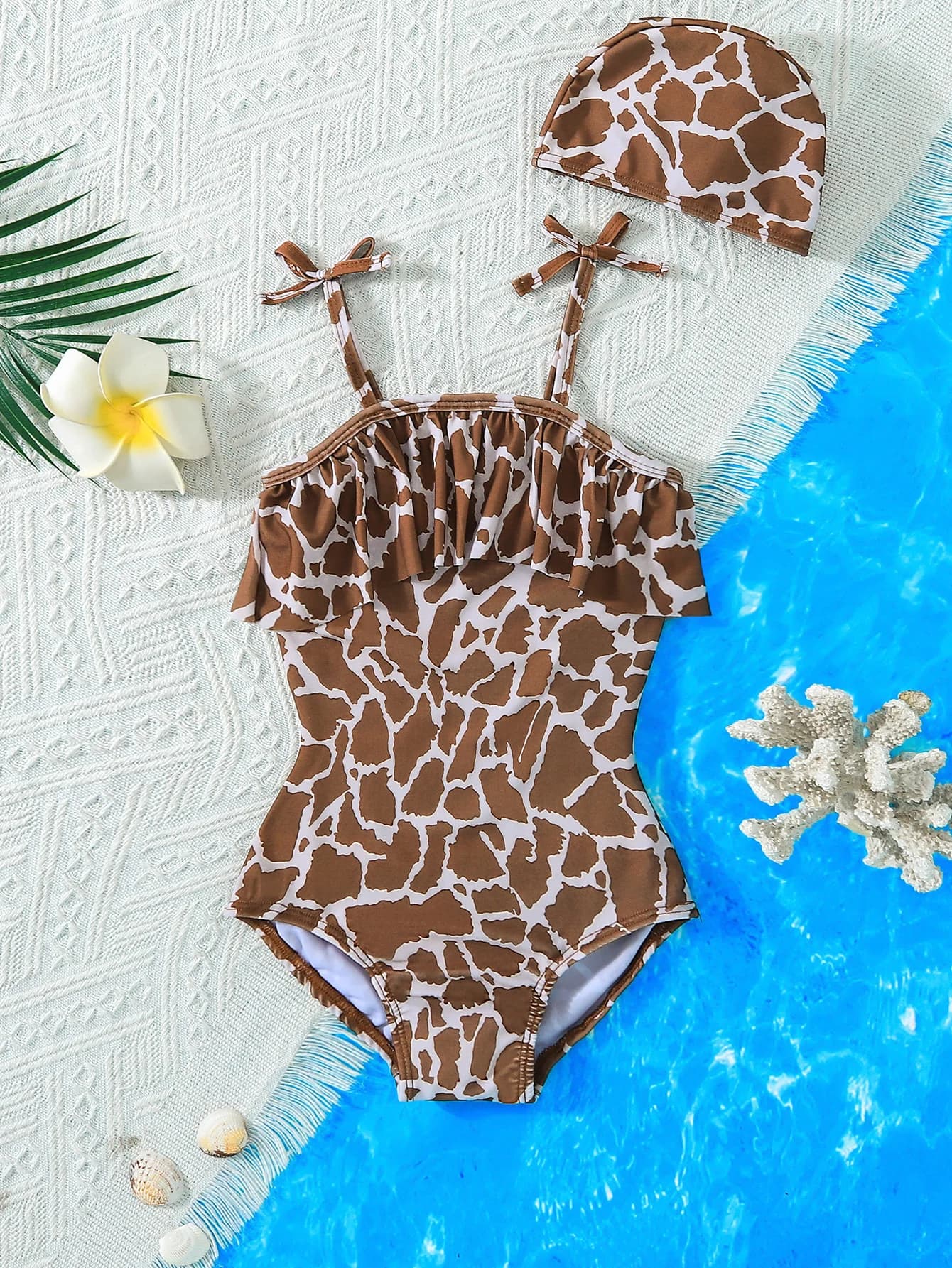 Costume da bagno intero estivo per bambina 2-6 anni con stampa giraffa e volant, con cappuccio da bagno abbinato, set 2 pezzi, abbigliamento da spiaggia per bambini
