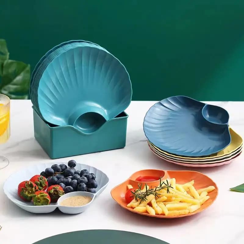 Piatto a conchiglia in plastica per dumpling con scomparti per sottacibo, ideale per sushi, colazione, frutta secca, snack e per la scarto di ossa e residui.