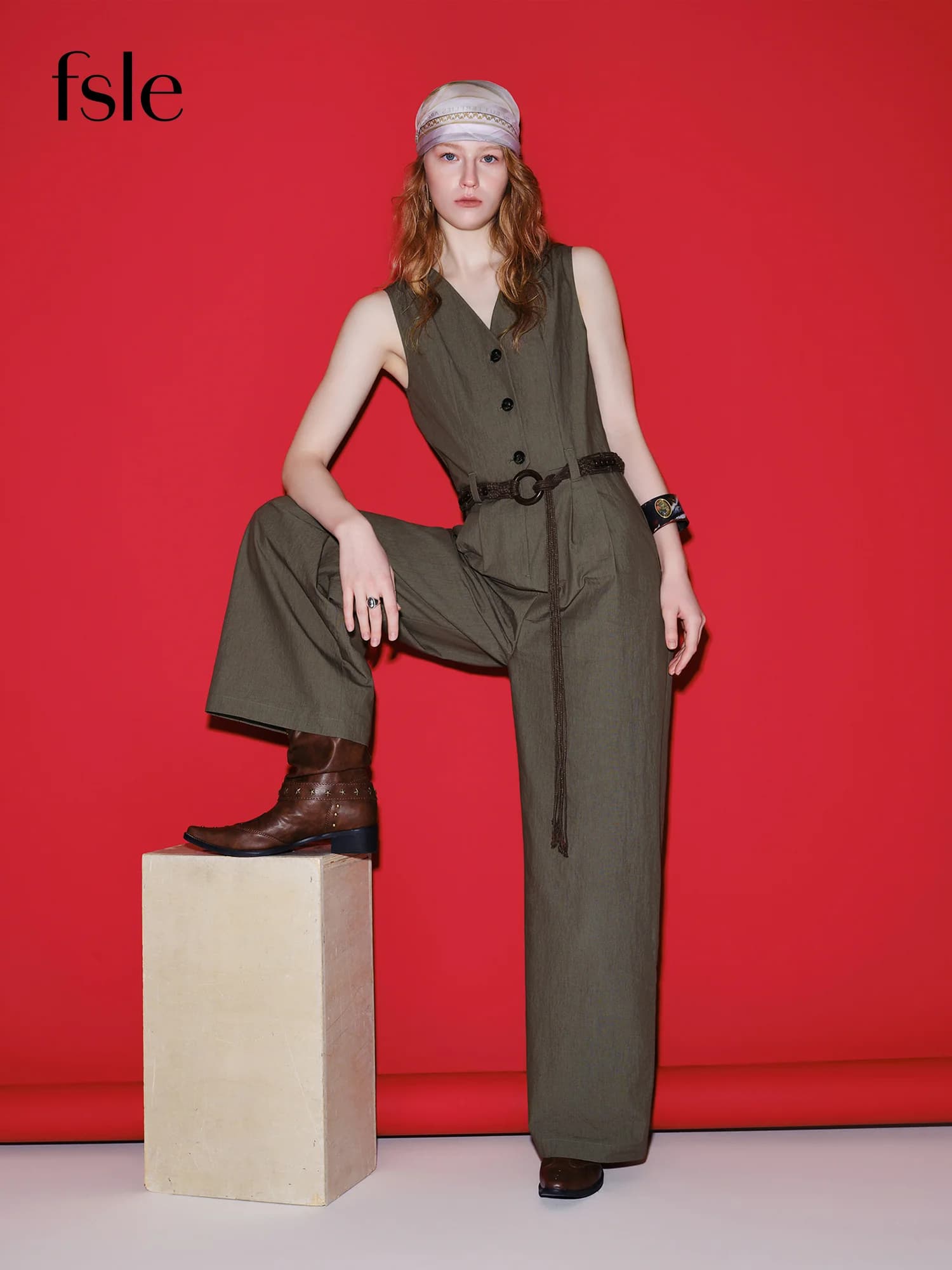 FSLE 【Serie Premium】 Eleganti tute senza maniche con pantaloni a gamba larga a vita alta, tasche, in cotone, da ufficio, da donna, grigio verde con cintura