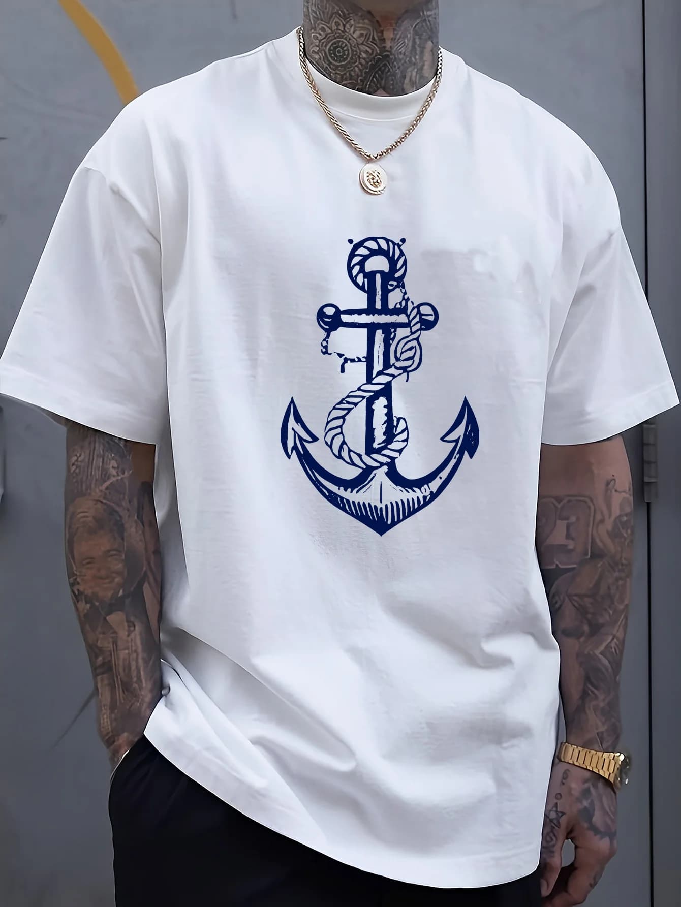 T-shirt da uomo estiva 100 cotone alla moda sportiva casual allentata con motivo di ancoraggio a barca stampato girocollo a maniche corte