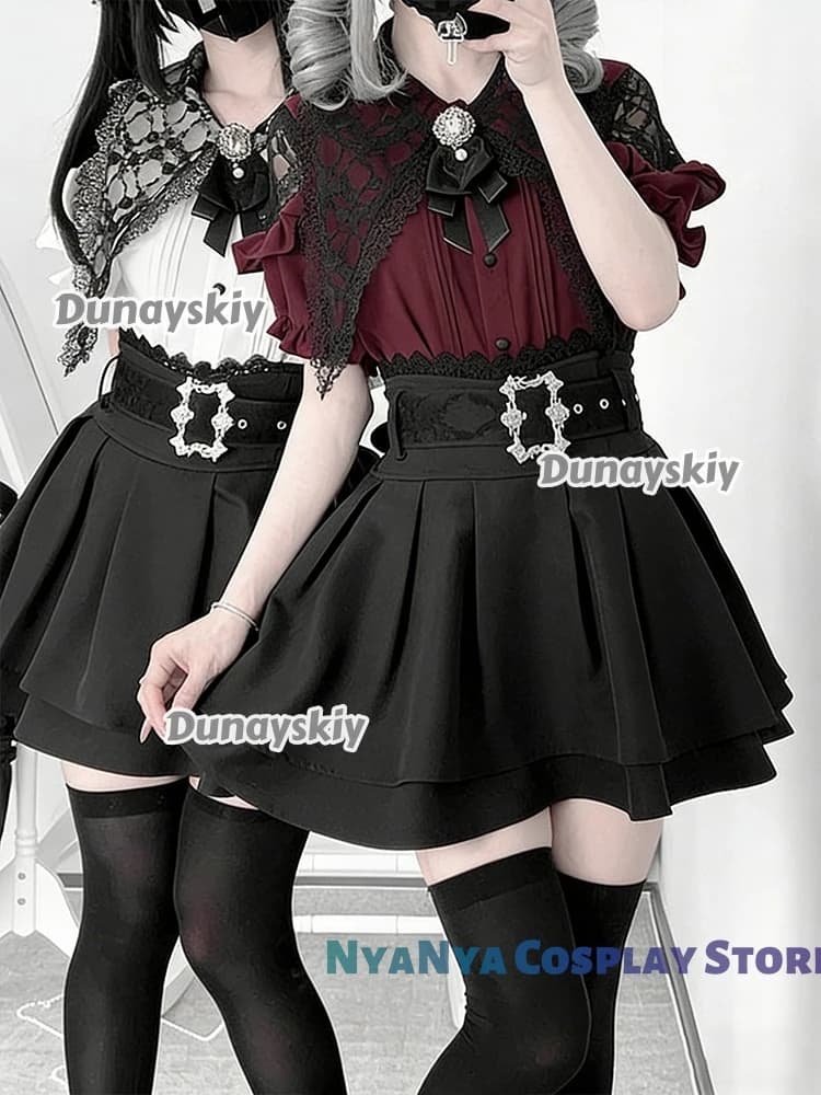 Halloween Two Piece Set For Women Summer College Style Gothic Style Shoulder Bared Shirt And High Waist Skirt Small Size Set