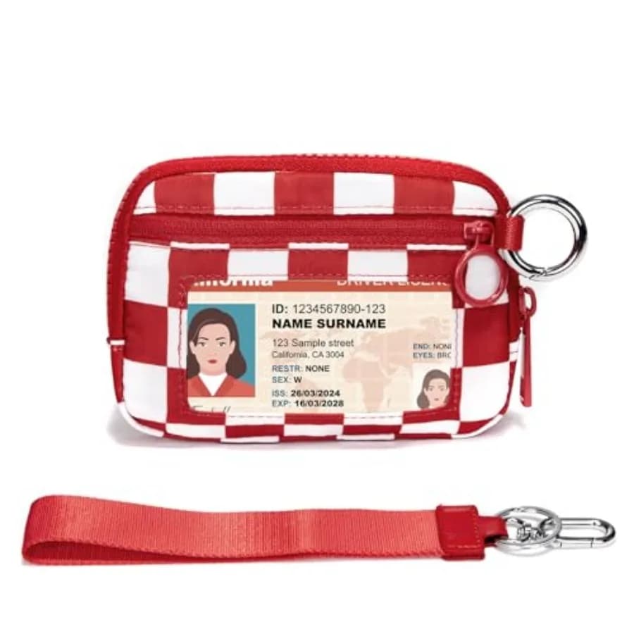 Portafoglio portachiavi da donna, mini porta carte con cerniera e finestra per documenti, portamonete, cinturino da polso rimovibile, piccolo portafoglio organizer, rosso