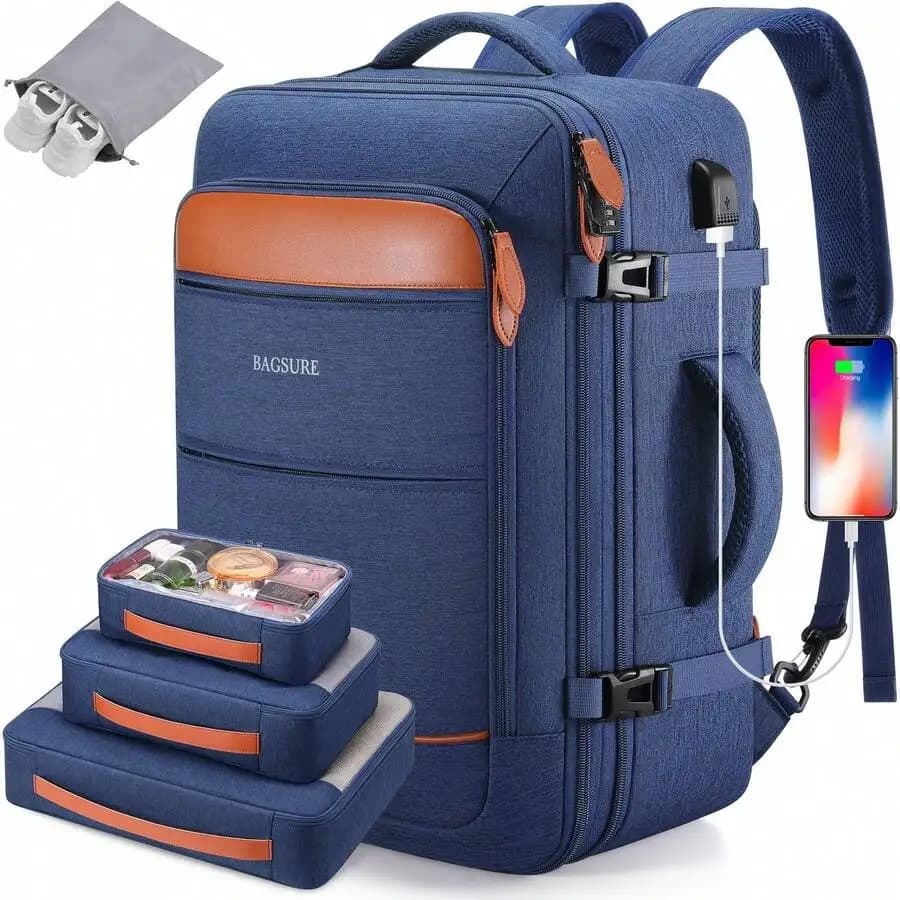 5PCS Travel Backpack Carry On Backpack 42L Flight Approved, Expandable Laptop Backpack With Packing Cubes & Shoe Pocket, Water Resistant Luggage Backpack For Men Women, TSA Approved, Large Backpack