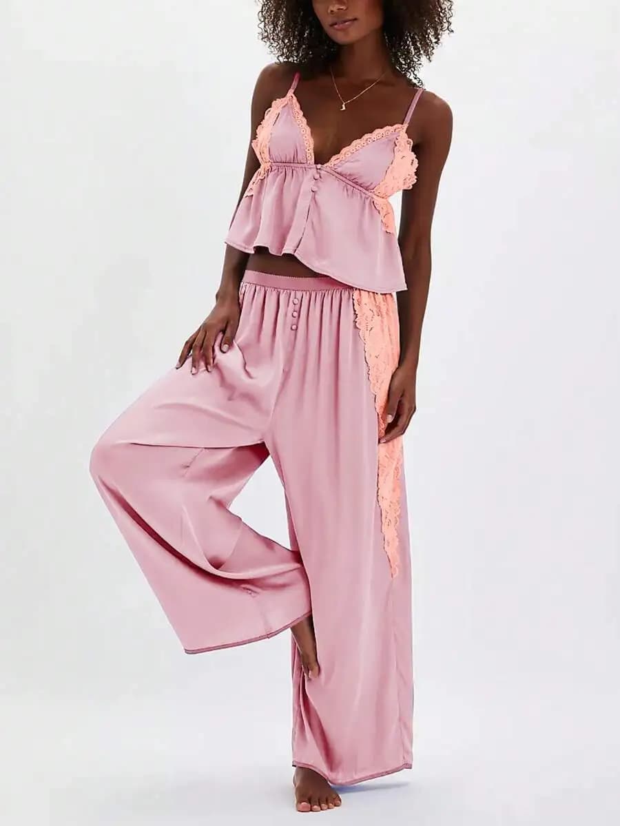 Set Pigiama da Donna con Inserti in Pizzo, Top con Spalline Sottili e Volant, Pantaloni a Gamba Larga, Abbigliamento da Notte e Loungewear