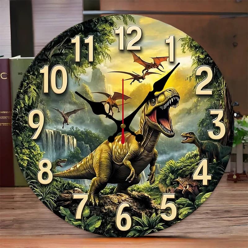 Orologio da parete sospeso silenzioso rotondo in legno con foresta di dinosauri, adatto per soggiorno, ufficio, sala studio, camera da letto, decorazione domestica