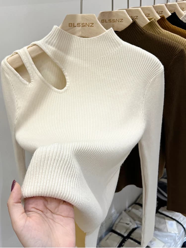 2026 Hollow-out Turtleneck Knitted Women Sweater Ribbed Pullovers Autumn Winter Basic Women Sweaters Fit Soft Warm Tops