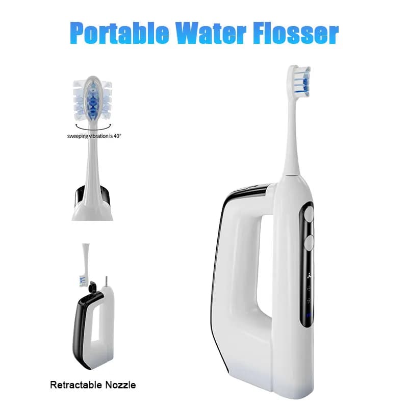 Portable oral sprinkler / Hydropulsor — Double function model (irrigator and toothbrush) with integrated case for toothbrush head