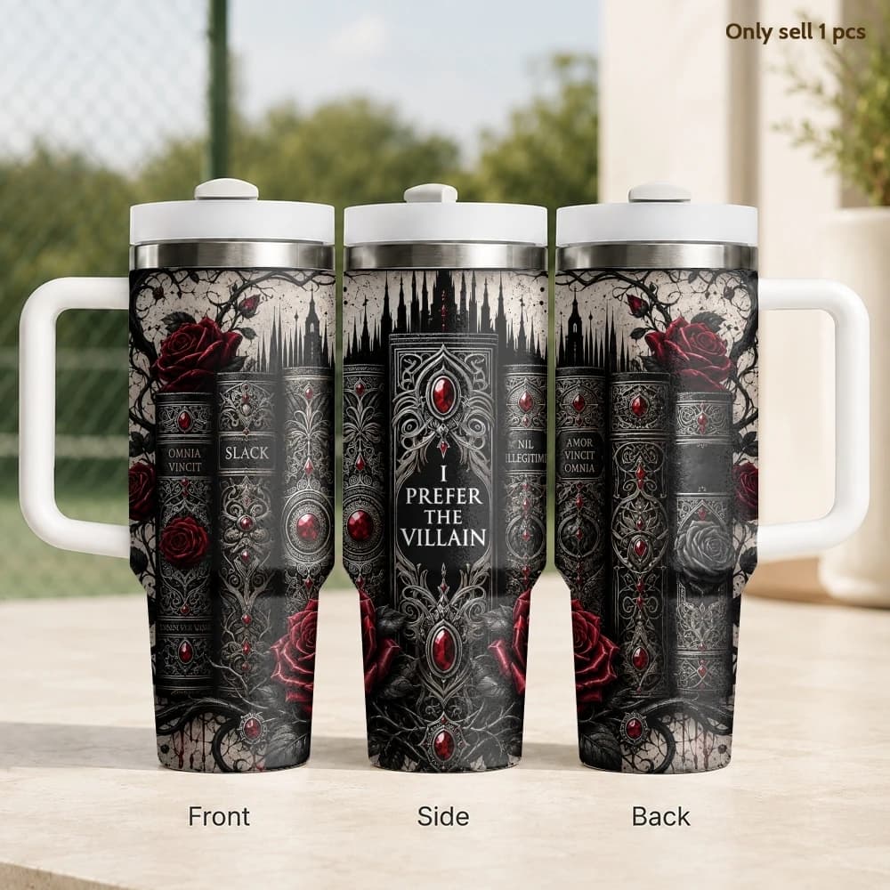 Dark Gothic Book Roses Vacuum Flasks 40oz Stainless Steel Insulated Tumbler with Handle & Straw Leakproof Travel Mug