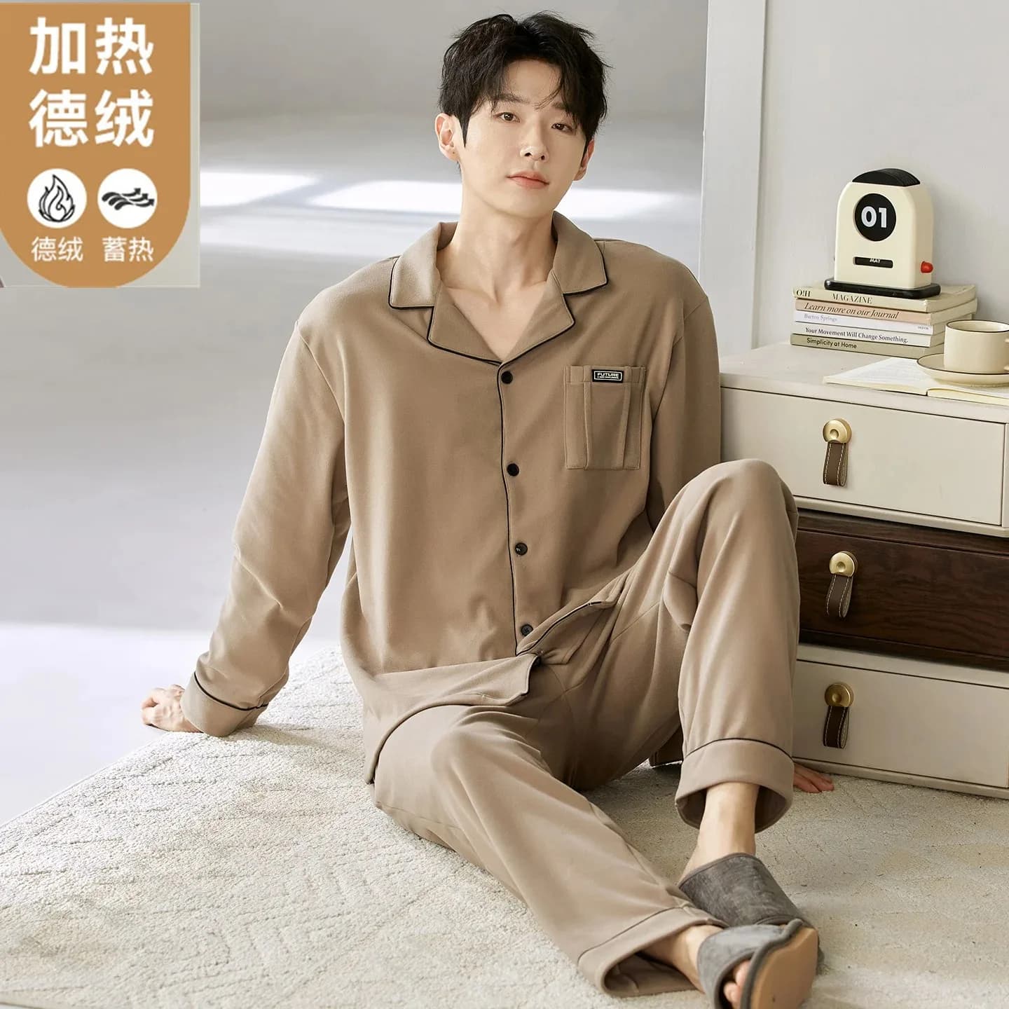 2 pezzi Set Pigiama da uomo in pile sottile Autunno Inverno Maniche lunghe Indumenti da letto Giovane ragazzo Pigiama Set Elegent Homewear Hombre Pjs