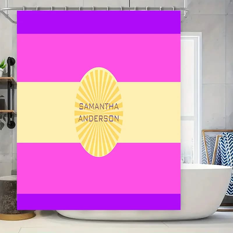 Tenda da doccia da bagno con nome personalizzato personalizzato con design giallo Sunburst, tessuto in poliestere, assorbimento d'acqua, regalo perfetto per Gi