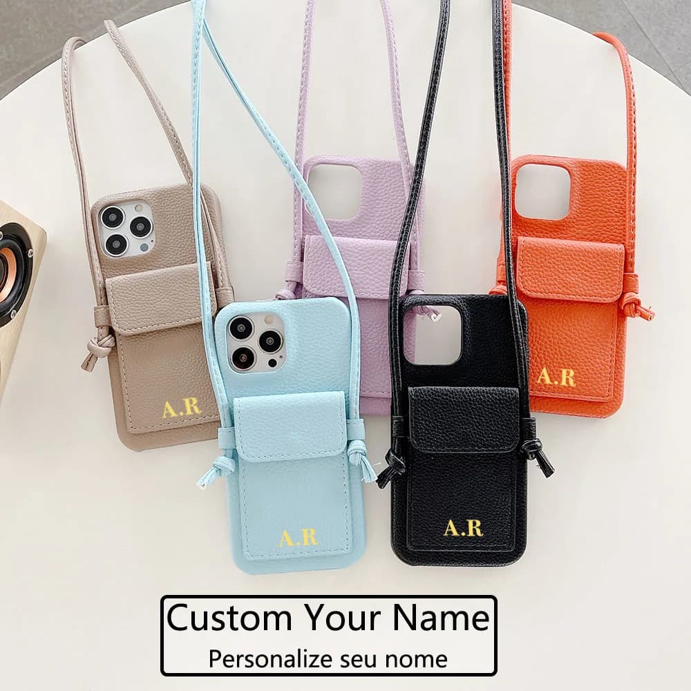 Personalized Gold Silver Letters Leather PU Card Holder Lanyard Hard Case For iPhone 14 13 12 11 15 Pro Max XS XR 8 7 Plus Cover