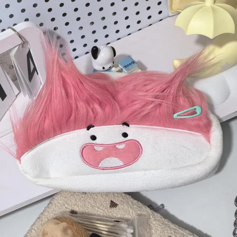 Pink Hair Big Capacity Plush Pencil Bag Funny Cartoon Girl Pens Storage Case Portable Creative Stationery Gift for School