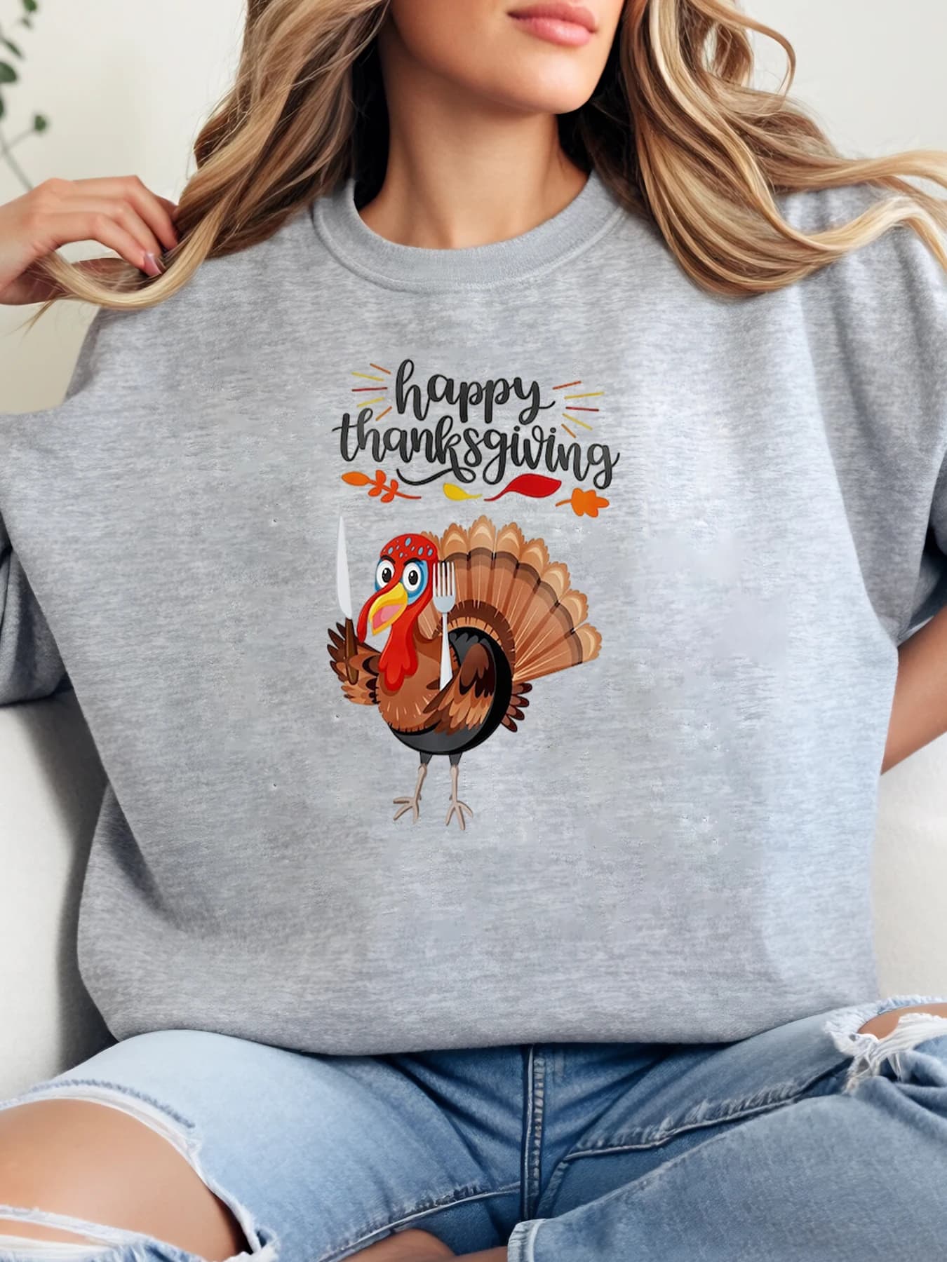 Turkey print sweatshirt and happy Thanksgiving Thanksgiving Women's Autumn casual clothing for Thanksgiving Grey Strong cuts