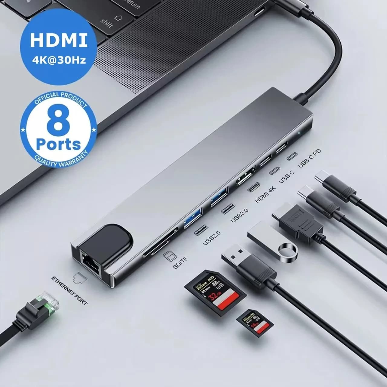 Hub USB C 8In1 TypeC 3.0 a 4K HDMI con adattatore RJ45, lettore di schede SD/TF, ricarica rapida per MacBook, notebook, laptop, Ethernet 100Mbps