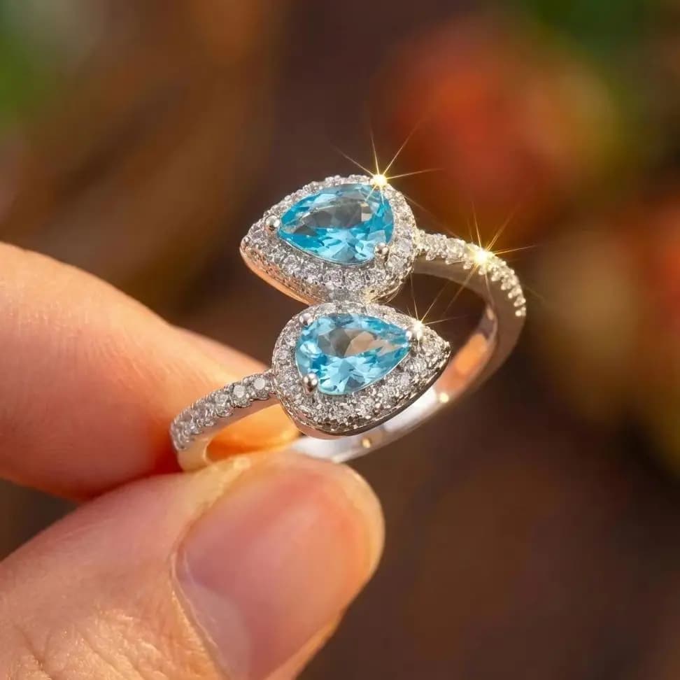 Anello Regolabile con Doppio Cristallo a Goccia Blu Romantico per Donne, Raffinato Anello Aperto con Micro Zirconi Incastonati, Gioiello da Festa per Ragazze