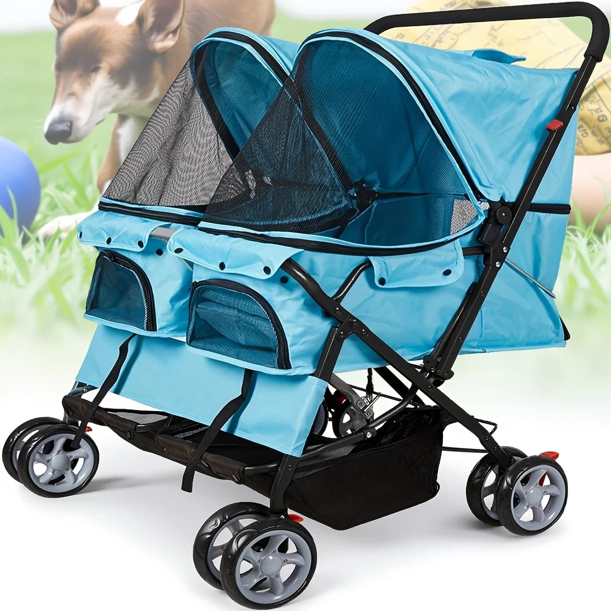 Passeggino Pieghevole per Animali Domestici Elite Jogger, Carrello da Viaggio per Gatti, Cuccioli, Cani e Piccoli Animali con Ruota Anteriore Girevole a 360°, Blu