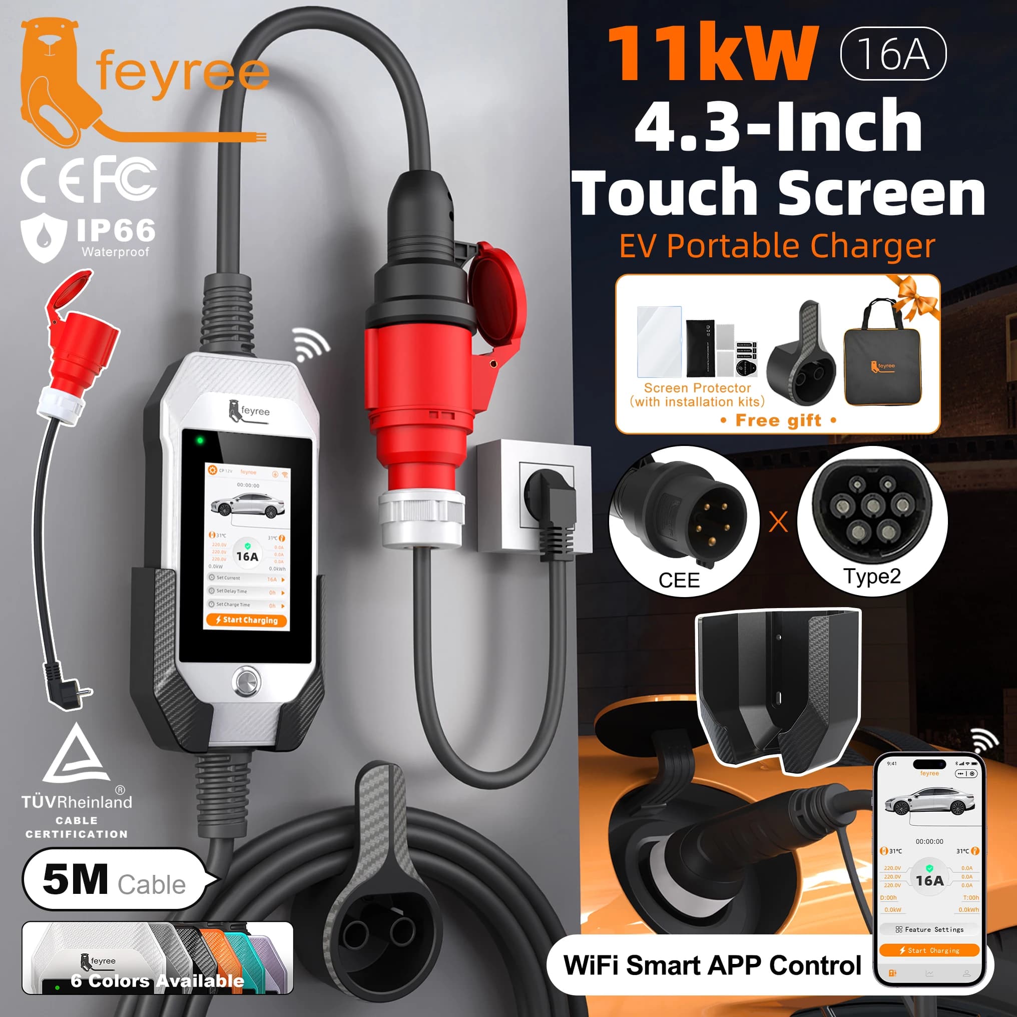 Feyree Portable EV Charger 11kW 16A 3P Quick Charge Type2 Packed 4,3 inch Touch Screen Design Smart WIFI APP Control Charger CA