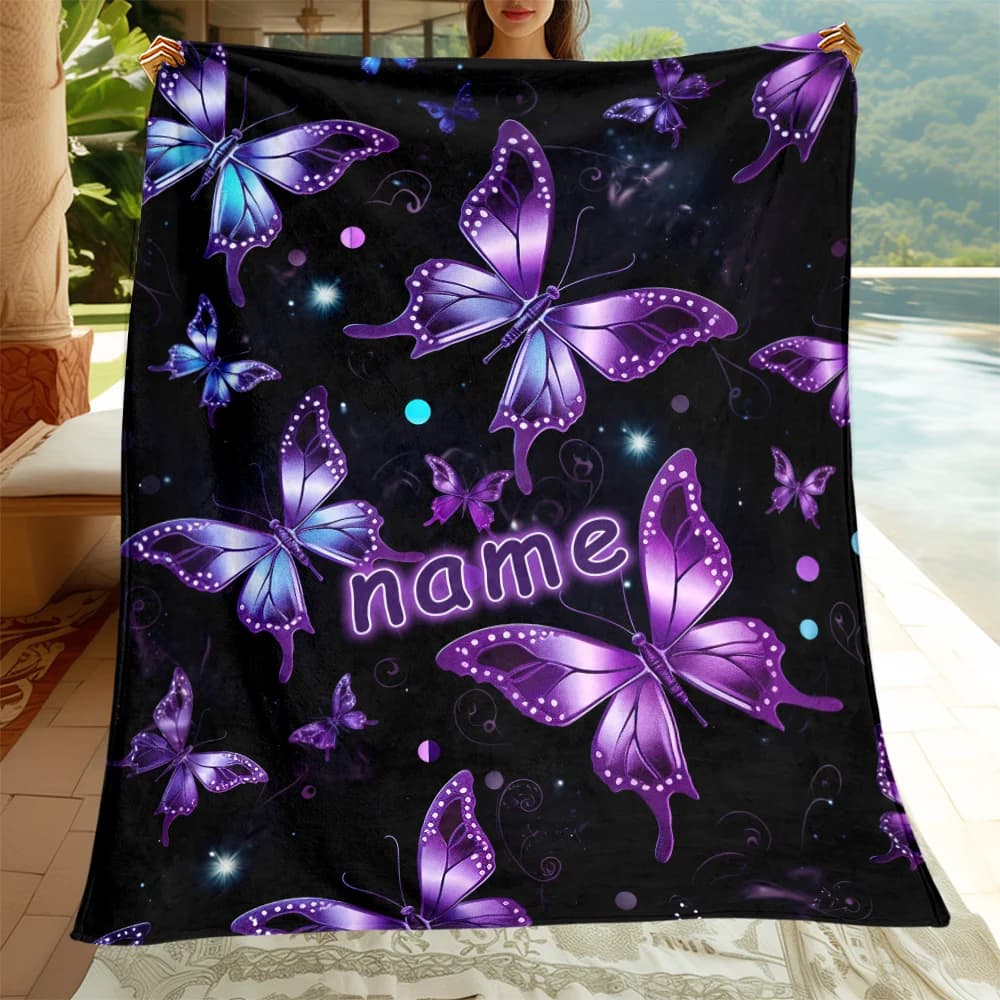 1 piece of purple butterfly printed customized name portable blanket, lightweight flannel blanket, suitable for sofa beds