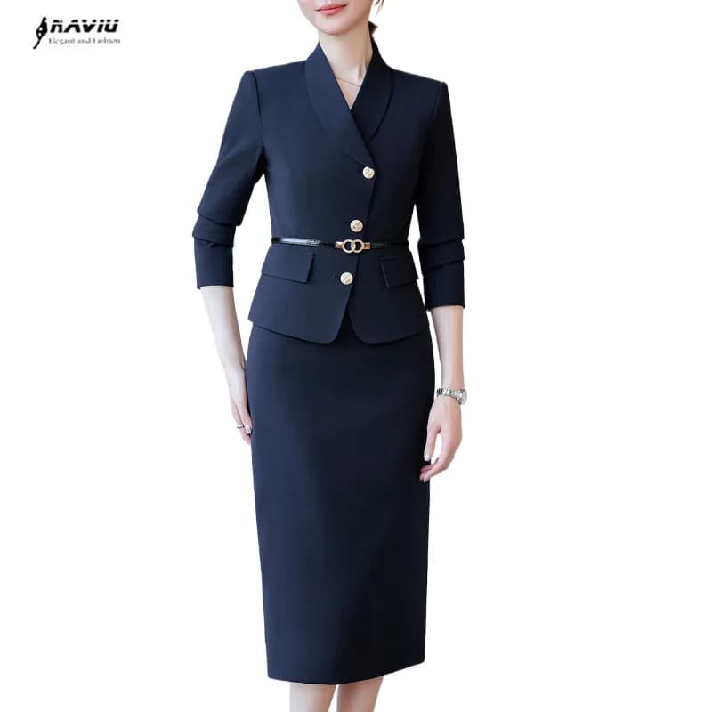 NAVIU 2 Piece Set Solid Women Spring 2024 New Long Sleeve Shawl Collar Blazer Elegant Office Ladies Slim Skirt Sets