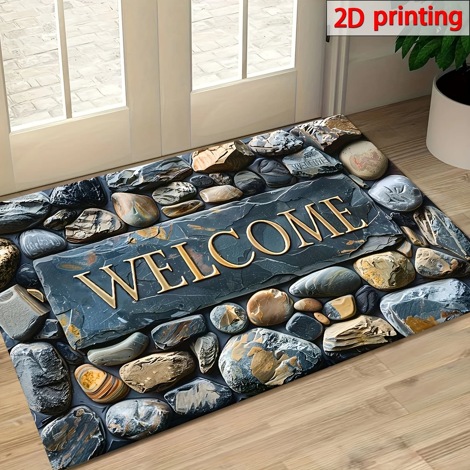 2D 1pc Elegant Welcome Pebble Design Door Mat - 6mm Thick Polyester Rectangular Mat Stone Pattern Non-Slip, Machine Washable Mat