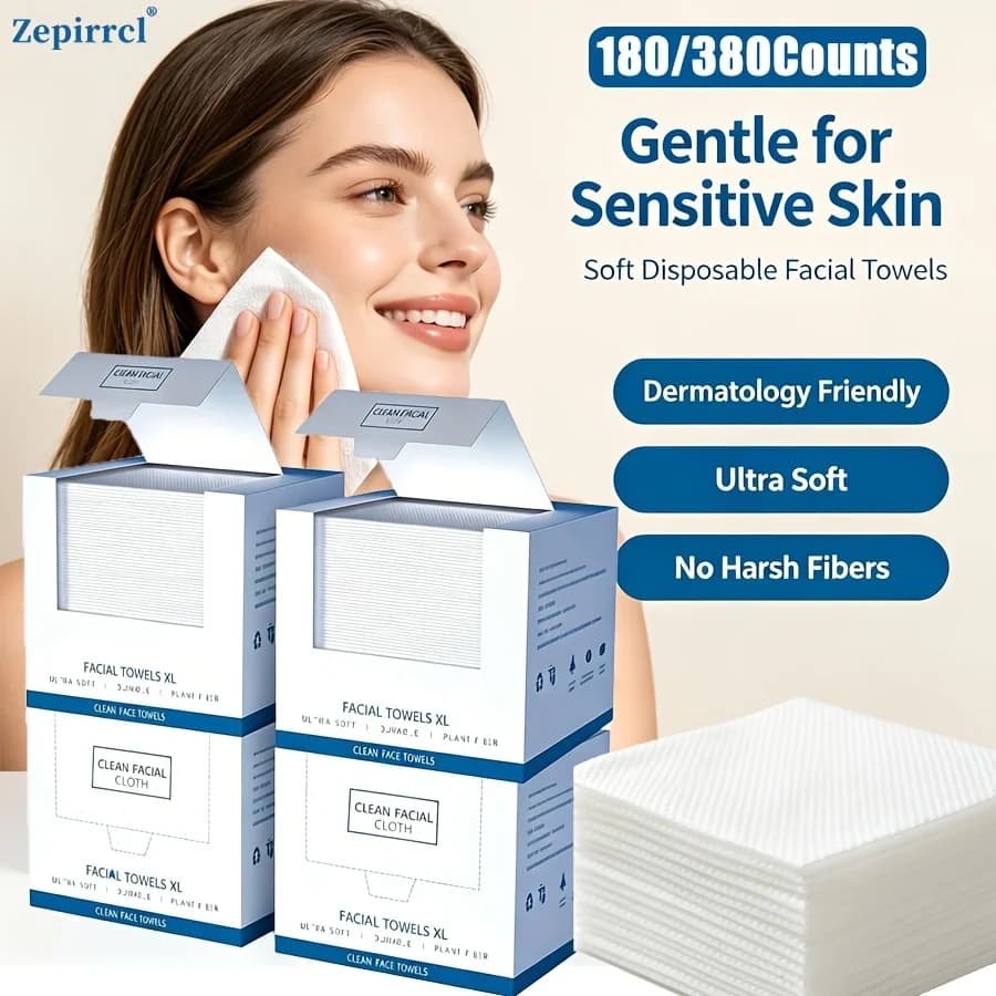 180/380Counts Pull-out Box Disposable Face Towels, Over sized Thickened Facial Cleansing Towels, Lint Free Soft Face Cleansing Wipes, Dry Wet Dual Use Makeup Remover Cloths for Sensitive Skin Daily Skincare Travel Home Spa Cleansing Facial Washing