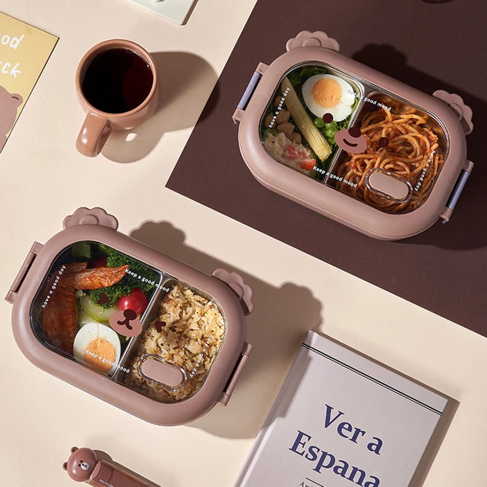 Contenitore per Pranzo in Acciaio Inox con 2 Scomparti, Design a Doppio Blocco, per Pasti/Frutta/Verdura e Insalate