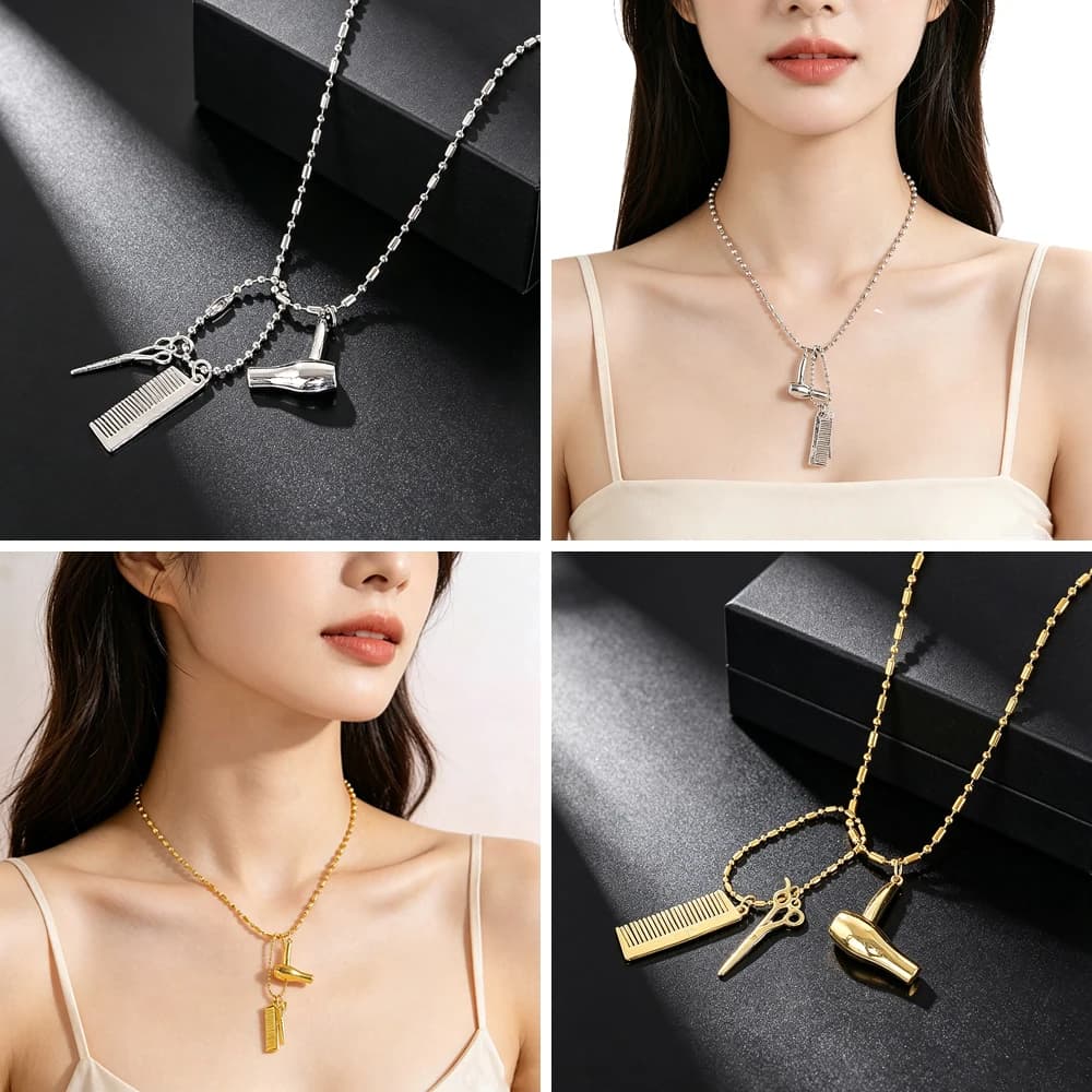 Collana Creativa con Ciondoli a Forma di Forbici, Pettine e Asciugacapelli, Placcata in Oro e Argento, con Catena a Sfera, Gioiello per Parrucchieri