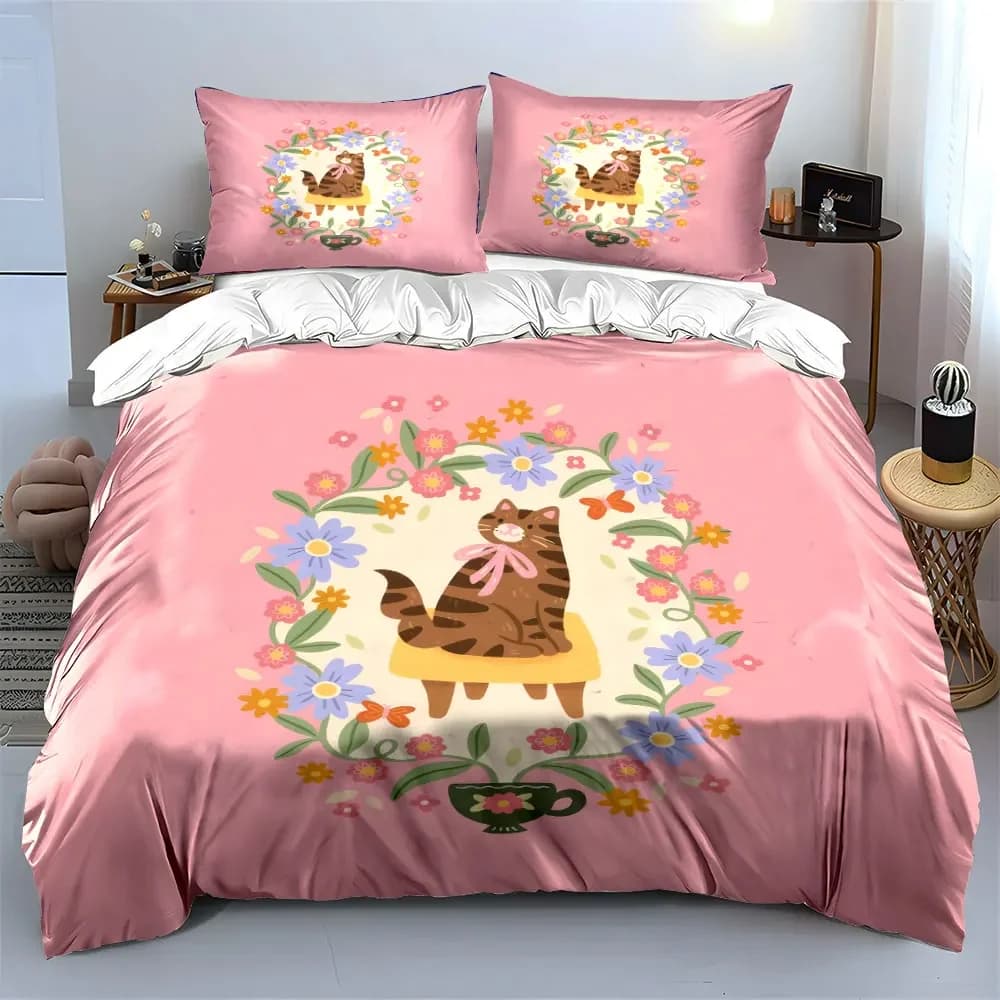 "Floral Cat Decor Set" Soft Comfortable Duvet Cover Bedding Set Included 1*Duvet Cover & 2*Pillowcases, gift