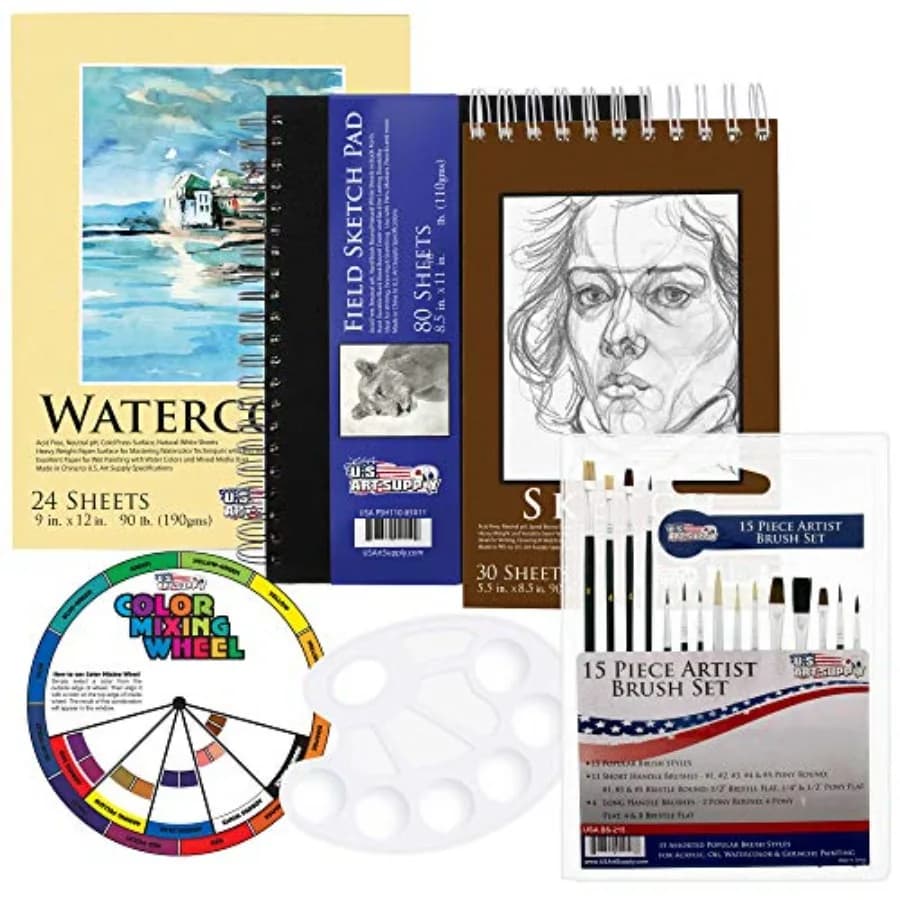 Artist Essentials 20-Piece Set: Watercolor Paper, Sketchbooks and Brush Art Kit - Versatile Drawing, Sketching and Painting Sup