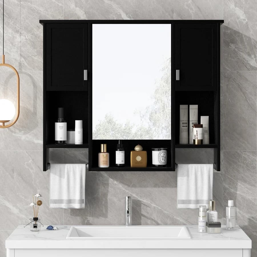 Armadietto da bagno moderno da parete 35'' x 28'' con specchio e portasciugamani