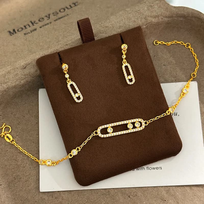 Luxury 9999 24K Real Gold Micro-paved Three-diamond Nose Bracelet Earrings Oval Lock Buckle Three-diamond Set Light Luxury