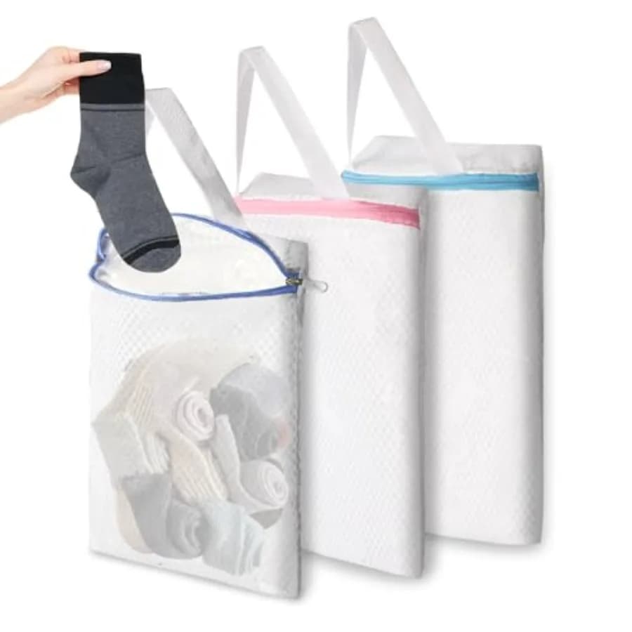 Hanging Mesh Laundry Bags with S Metal Hooks, 10x12 Inch Hanging Socks Laundry Bags, for Washing Machine