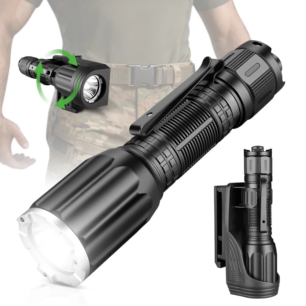 Torcia tattica per polizia UniqueFire H8 super luminosa a LED da 3000lm con doppio interruttore e rotazione a 360° ° Lampada di Sicurezza con Clip da Cintura